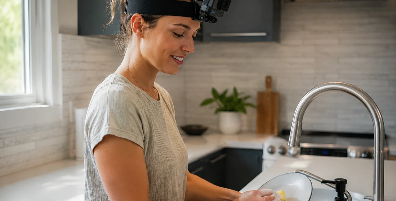 Contributor recording a dishwashing task with a head-mounted camera