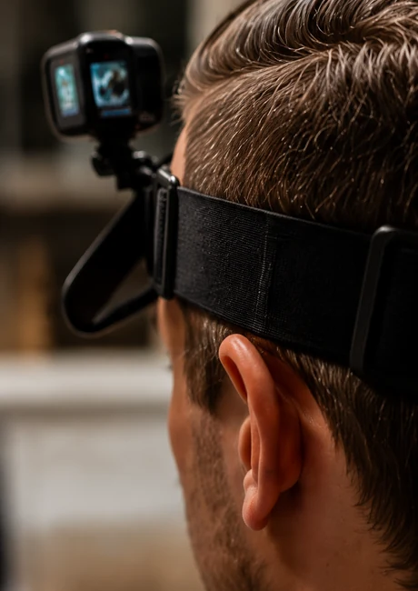 Close-up of a head-mounted action camera