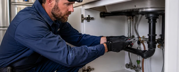 Plumber working under a sink with a head-mounted camera